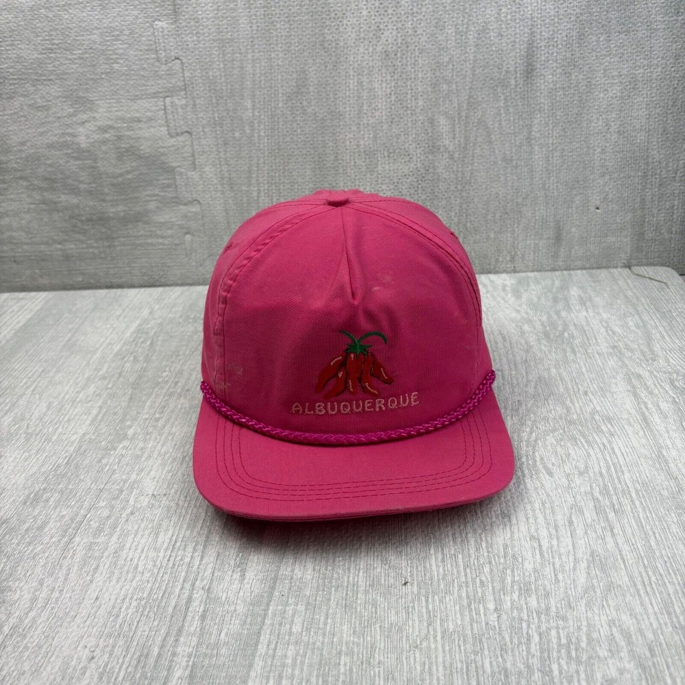 Vintage 90s Albuquerque New Mexico Hat Cap Strap Back Pink Rope Nylon Peppers